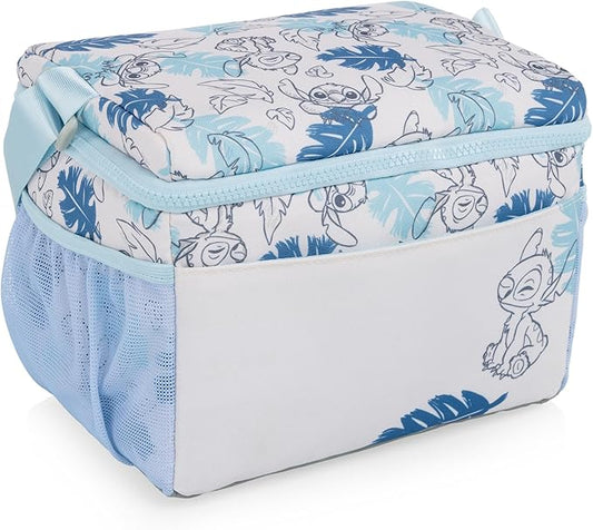 PICNIC TIME Disney Lilo & Stitch Modern Lunch Cooler, Insulated Lunch Box for Work, Travel, and Outdoor Use, Waterproof Cooler Bag with Adjustable Strap and Mesh Pockets, (White with Blue Leaf Design)