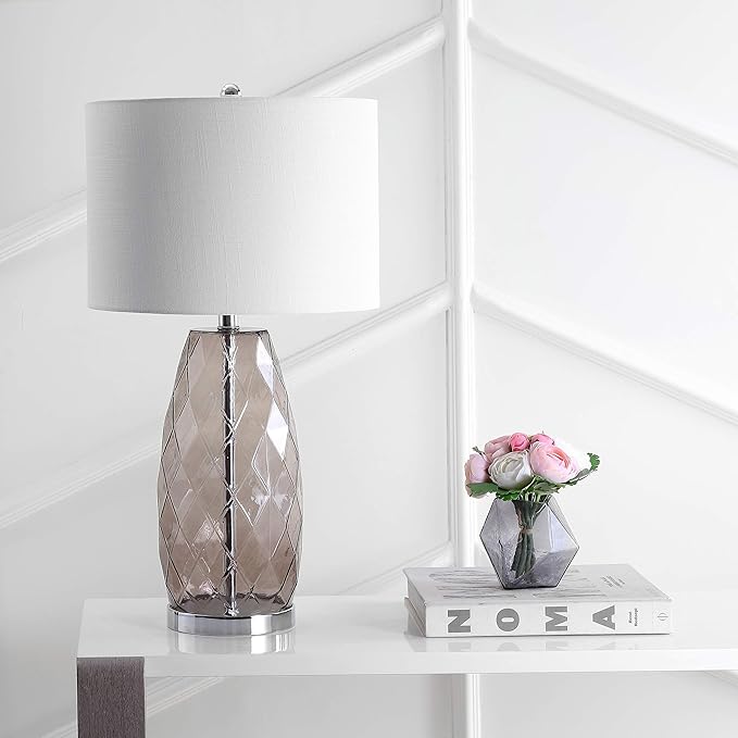 JONATHAN Y 26.5" Smoked Gray Glass Table Lamp, Modern Faceted Bedside Lamp, White Linen Drum Shade, Chrome Base, LED Bulb Included for Bedroom, Living Room, Nightstand JYL4009A