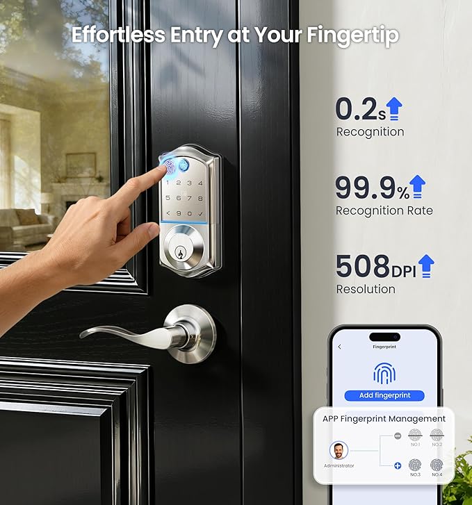Veise VE017-L Fingerprint Smart Lock with Lever Handles, App Control, Keyless Entry Front Door Lock Set, Electronic Digital Keypad Deadbolt, Remote Grant, Emergency Power Port, Auto Lock, Satin Nickel