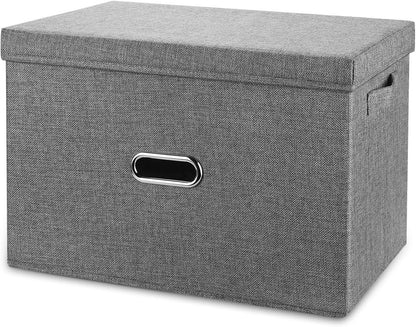 Large Linen Collapsible Storage Bins with Removable Lids and Handles, Washable Storage Box Containers Baskets Cube with Cover for Bedroom,Closet,Office,Living Room,Nursery (Grey, Large)