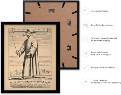 Poster Master Vintage Medieval Poster - Retro Illustration Print - Gift for Friend - Plague Doctor, Pandemic Mask, Physician, Black Death - Wall Decor for Home, Living Room, 8x10 Black Framed