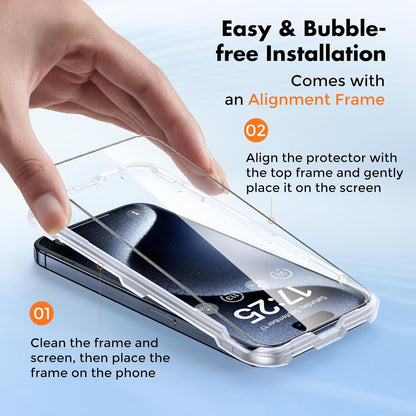 UNBREAKcable Screen Protector for iPhone 15 Pro Max [Easy Installation Frame] [9H Hardness] [Bubble Free] [99.99% Clear] Shatterproof Tempered Glass Screen Protector for Apple 6.7 inch, 2 Pack
