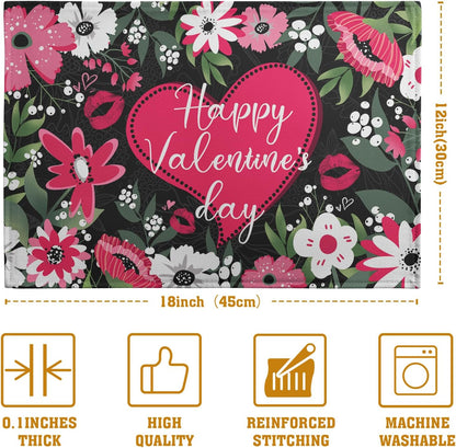 Happy Valentine's Day Placemats Set of 4 Valentine Flowers Love Heart Place Mats Pink Red White Floral Linen Table Mats Seasonal Black Placemat for Anniversary Wedding Party Kitchen Dining Decor