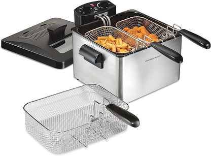 Hamilton Beach Electric Deep Fryer with 3 Baskets and Lid, 4.5 Liters / 19 Cups Oil Capacity, Temperature Control, View Window, Professional Style, 1800 Watts, Stainless Steel (35034)