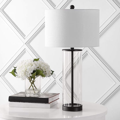 JONATHAN Y 29" Oil Rubbed Bronze/Clear Modern Glass Table Lamp for Living Room Bedroom, Minimalist Nightstand Bedside Lamp, White Linen Drum Shade, LED Bulb Included (JYL2005B)
