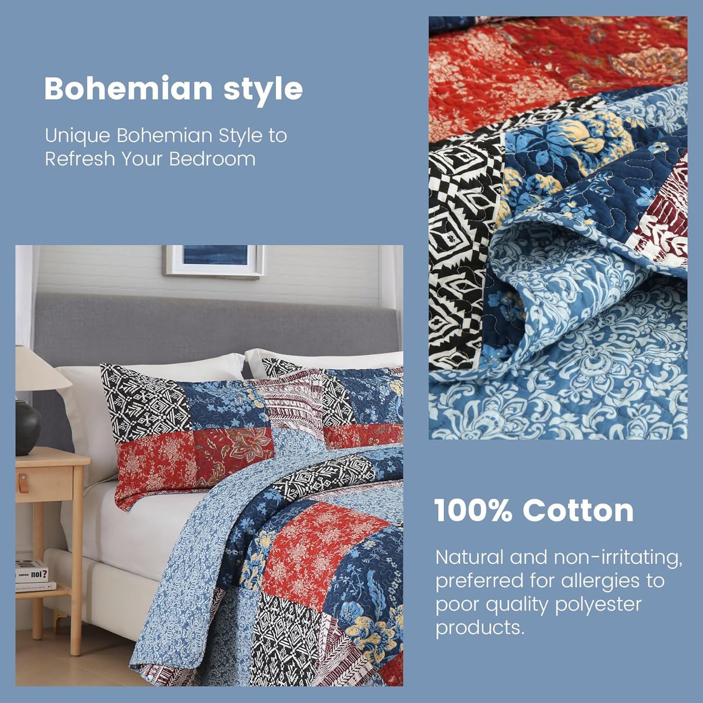 Secgo King Comforter Set for Bed - 100% Cotton Quilts Queen Size, Black Bedspreads (98 * 106 Inch) with 2 Pillow Shams, Patchwork Reversible Lightweight Bedding