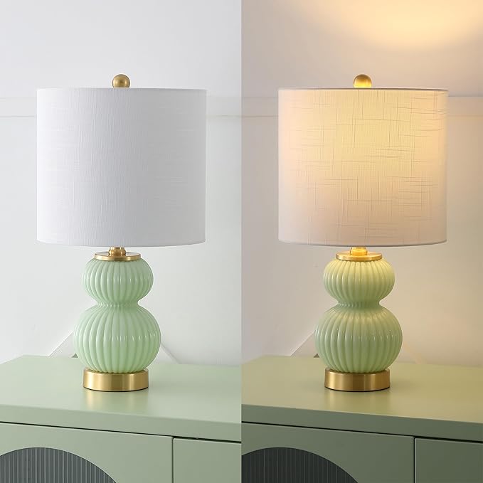 JONATHAN Y 20" Mint Green/Brass Gold Ribbed Gourd Glass Table Lamp, Modern Bedside Lamp for Bedroom Living Room, White Linen Drum Shade, LED Bulb Included (JYL1099F)