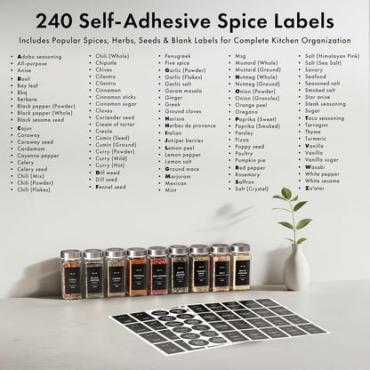 Glass Spice Jars with Labels and Steel Lids (24 x 4oz) Spice Containers with 240 Label, Steel Funnel, Shaker Inserts, Empty Square Seasoning Organizer for Spice Rack, Cabinet, Drawer