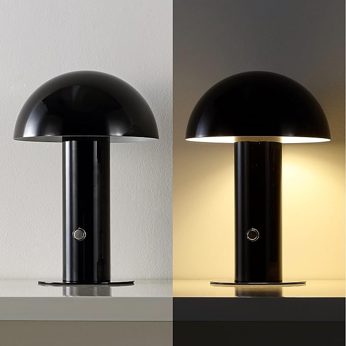 JONATHAN Y 10.75" Black Rechargeable LED Mushroom Table Lamp, Cordless Portable Bedside Lamp for Living Room Bedroom, 3-Way Dimmable Modern Iron Desk Light, Metal Shade JYL7115A