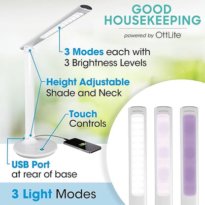 OttLite Desk Lamp with USB Charging & Good Housekeeping Sanitizing Light, LED Desk Lamp, Book & Reading Lights, Touch Activated, Flexible Neck, Stand & Desk Light for Home Office