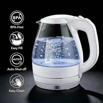OVENTE Electric Kettle, 1.5L Borosilicate Glass Countertop Water Heater and Boiler for Coffee or Tea, BPA-Free, Auto Shut-Off, Boil-Dry Protection, Removable and Washable Spout Filter, White KG83W