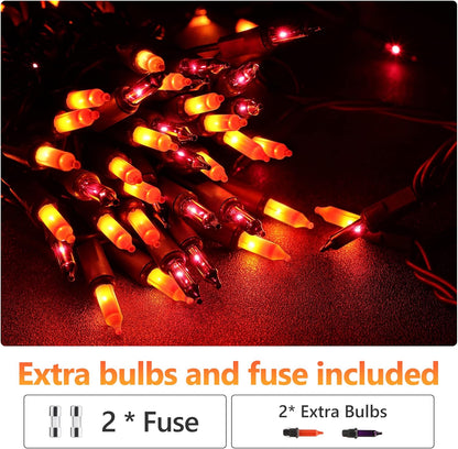 ODEETRONIC Purple Orange Lights, 21.63ft 100 Count Mini Incandescent Halloween Lights, 120V UL Certified Connectable Plugin Outdoor Tree Light, Brown Wire Indoor String Light for Party Spooky Decor