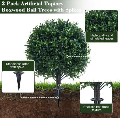 Artificial Boxwood Topiary Ball Bush for Outdoor with Spike, UV Resistant Faux Boxwood Ball Tree with Stake for Outside Set of 2, Weatherproof Round Fake Shrubs for Entryway Front Porch