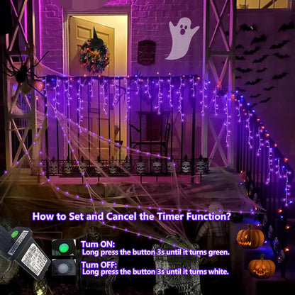 QITONG Purple Halloween Lights Outdoor, 33ft 400 LED Icicle Light for Outside Indoor Plug in, 8 Modes Clear Wire Connectable Christmas Lights with 80 Drops