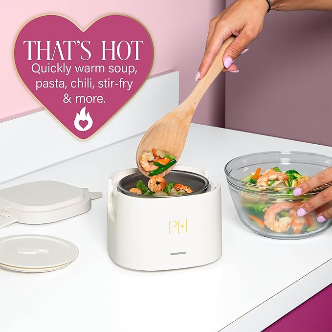 Paris Hilton Electric Lunch Warmer, 20-Ounce Stainless Steel Portable Food Container With Sealing Lid, Removable 2.5-Cup Inner Dish, Cream