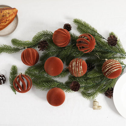 Christmas Ornaments Set of 12, 3.15" Flocked Velvet Balls with Hand Painted Designs, Brown Elegant Christmas Tree Decorations in Gift Box