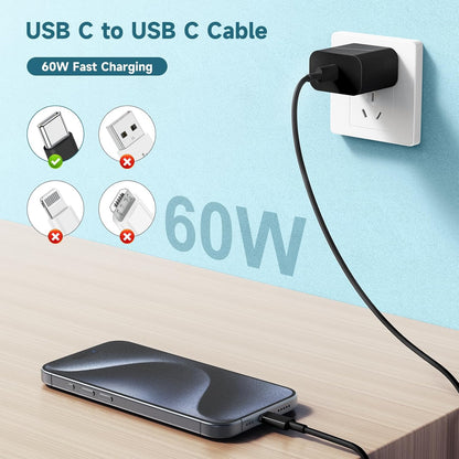 60W USB C to C Cable [3Pack] iPhone 15 Fast Charging Cable,10ft Long USB-C to USBC Power Cord for iPhone 16/15 Pro Plus Pro Max, MacBook Pro Air/IPad/iPad Pro 12.9/11,AirPods 4(Black)