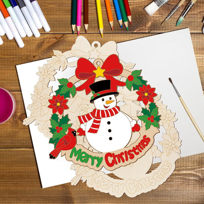 Paintable Christmas Ornaments 3 Sets, Wooden Snowman Ornaments to Paint, Unfinished Christmas Snowman Wreaths Wood Crafts for Painting, Wood Cutouts DIY Xmas Ornament for Door Decor (Snowman