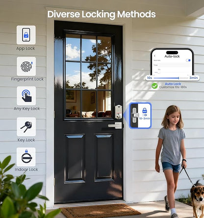 Veise VE017-B Fingerprint Smart Lock for Front Door, App Control, 8-in-1 Keyless Entry Deadbolt with 2 Zinc Alloy Lever Handles Set, Emergency Power Port, Auto Lock, Electronic Keypad, Satin Nickel