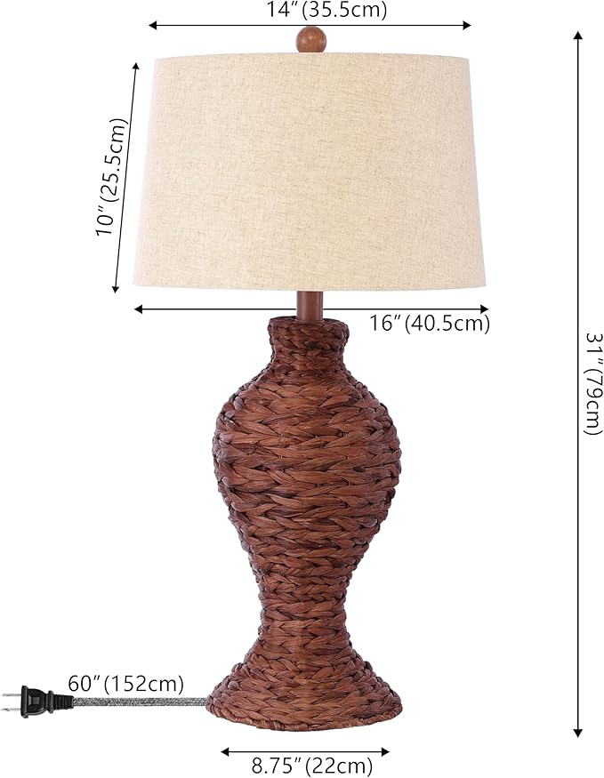 JONATHAN Y 31" Dark Brown Woven Water Hyacinth Table Lamp for Living Room, Coastal Farmhouse Urn Bedside Lamp with Gray Linen Drum Shade, LED Bulb Included (JYL1015B)