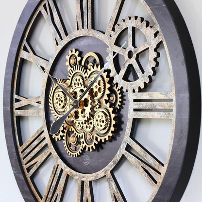 The Gears Clock 36'' Inch Real Moving Gear Wall Clock Vintage Industrial Oversized Rustic Farmhouse (Vintage Black Wood and Bronze)