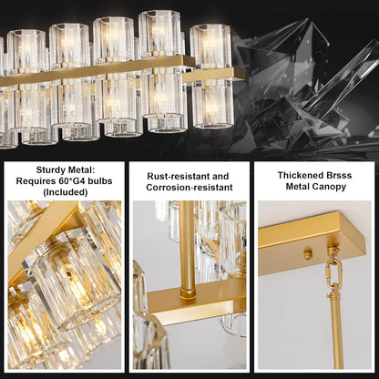 Crystal Brass Rectangle Chandeliers for Dining Room, 54in Gold Farmhouse Chandeliers for Dining Room, Modern Rectangle Crystal Chandelier for Kitchen Island Living Room, Includes 60XG4 Bulbs