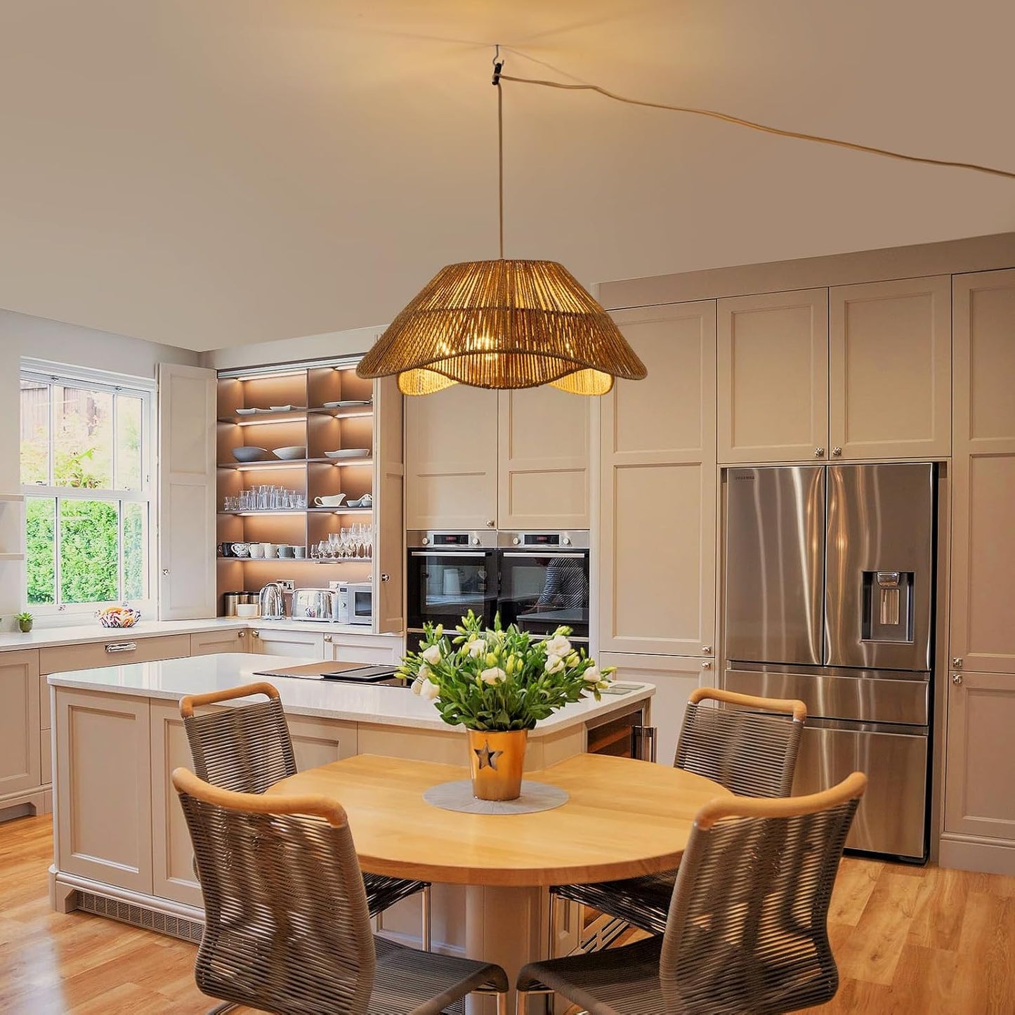 19.68" Plug in Pendant Light, 3-Light Rattan Hanging Lights with Plug in Cord, Boho Plug in Hanging Ceiling Light Fixture with Dimmable Switch, Hand Woven Wicker Hanging Lamp for Dining Room