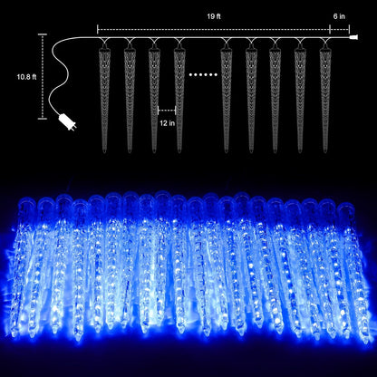Icicle Lights Outdoor, 19.8Ft Meteor Shower Lights with 20 Tubes, Snowfall Shooting Star Light Effect, Falling Cascading Crystal Christmas Decorations for House, Eave, Roofline, Patio, Blue