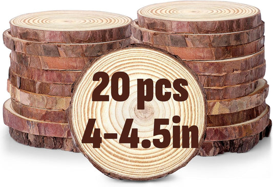 FUMILE Unfinished Natural Wood Slices 4-4.5 Inch, 20 PCS Round Wooden Discs with Tree Bark, Wood Rounds for Crafts Christmas Ornaments, Wood Circles for Rustic Wedding Decoration