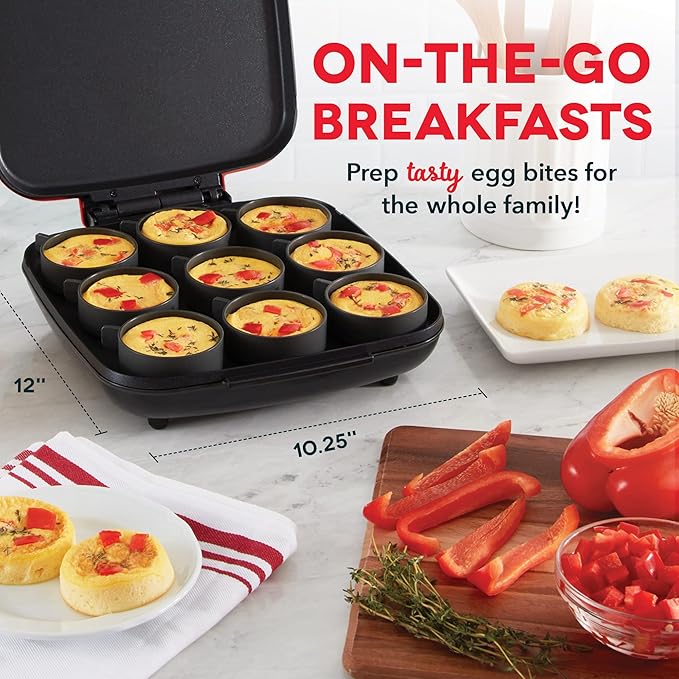 Dash Family Size Egg Bite Maker - Electric Egg Bite Maker with Non-Stick Silicone Cups - Space-Saving Design & Quick Cleanup - Make Sandwiches, Healthy Snacks & Desserts - 9 Servings, Red
