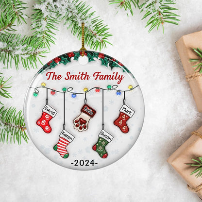 Stocking Personalized Family Christmas Ceramic Ornament 2025-3D Inflated Effect Custom Name Hanging Stock up to 10 Members, First Xmas as A Family Ornament Gifts (A04, 5 Names)