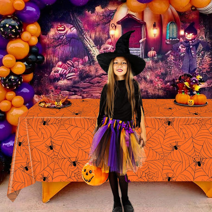 TREWAVE 3 Pack Halloween Spiderweb Tablecloth Rectangular Plastic Spider Web Table Cloth Large Size Table Covers for Home Decor Halloween Party Decorations 54" x 108" (Orange)