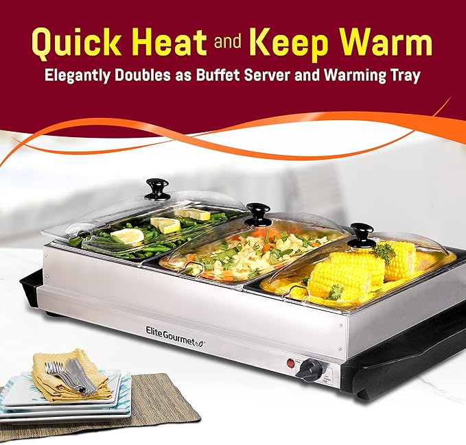 Elite Gourmet EWM-6171 Triple 3 x 2.5 Qt. Trays, Buffet Server, Food Warmer Temperature Control, Clear Slotted Lids, Perfect for Parties, Entertaining & Holidays, 7.5 Qt Total, Stainless Steel