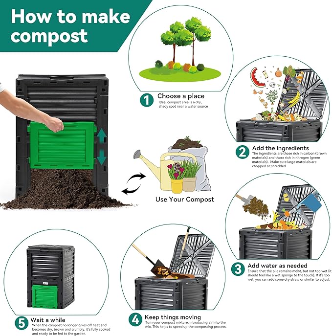 YITAHOME Large Outdoor Compost Bin, 80 Gallon (300L) Composter Box with Snap-on Top Lid and Aeration System, Lightweight Garden Compost Barrel Tumbler, Easy Assembly, BPA Free, Green