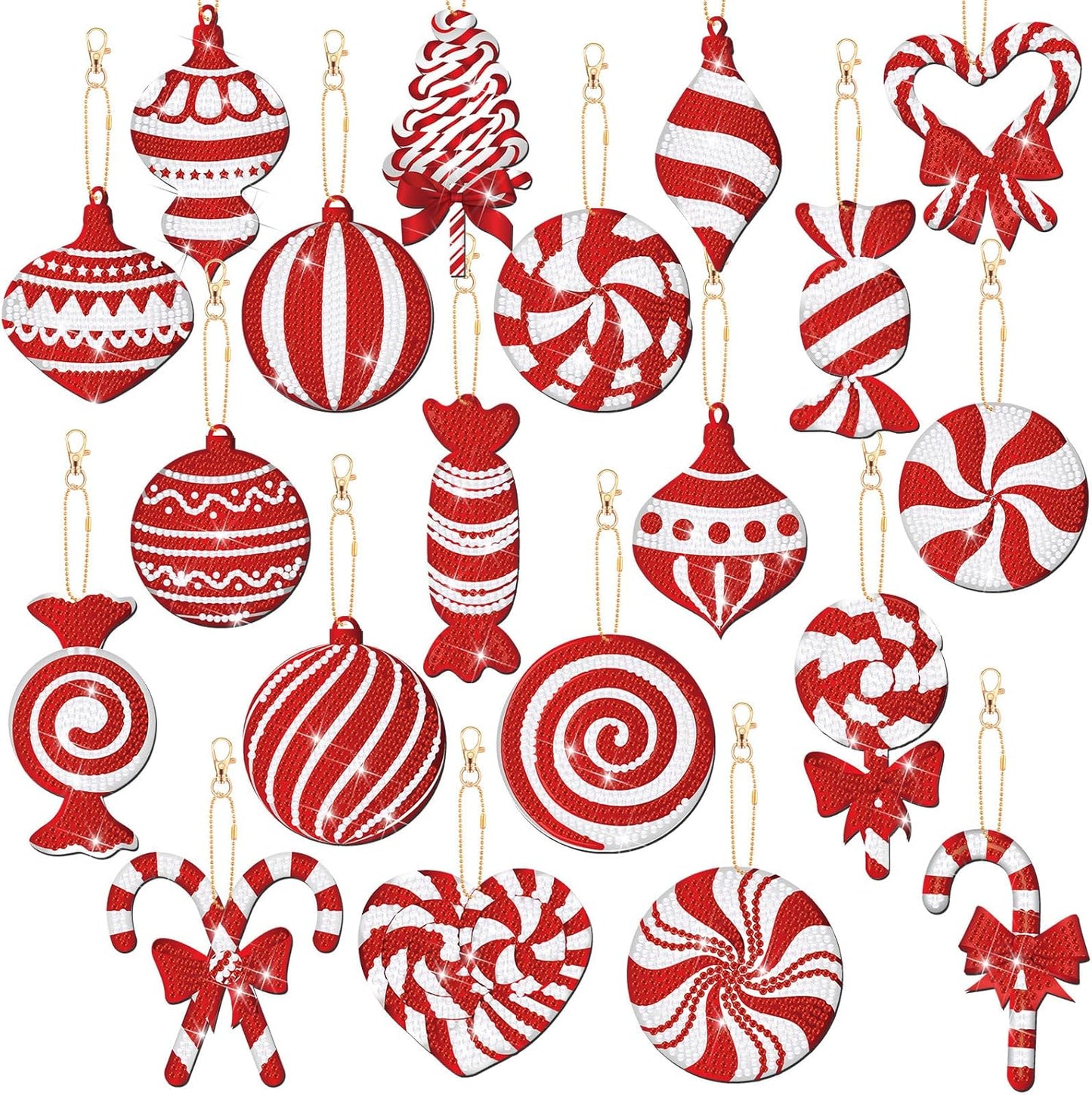 Tondiamo 20 Pcs Christmas Diamond Painting Keychain Kits 5D DIY Diamond Art Pendants Double Sided Hanging Key Chains for Christmas Party Decoration DIY(Cane Style)