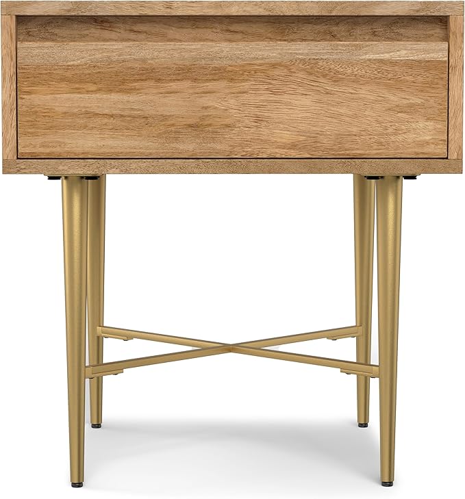 SIMPLIHOME Fallon End Table - 20 inch Wide Solid Mango Wood Square Accent Table with Storage Drawer and Gold Metal Base in Natural, Contemporary Nightstand or Lamp Stand for Living Room or Bedroom