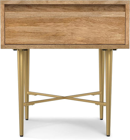 SIMPLIHOME Fallon End Table - 20 inch Wide Solid Mango Wood Square Accent Table with Storage Drawer and Gold Metal Base in Natural, Contemporary Nightstand or Lamp Stand for Living Room or Bedroom
