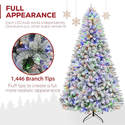 Hykolity 7.5 ft Prelit Snow Flocked Christmas Tree, Artificial Christmas Tree with 450 Color Changing LED Lights, 1446 Branch Tips, Metal Stand and Hinged Branches, 10 Colors