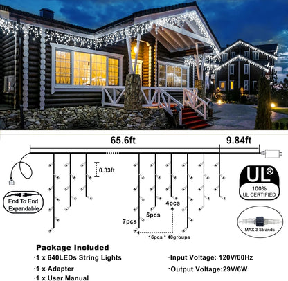Icicle Christmas Lights Outdoor, 66FT 640 LED Icicle Lights for Outside, Waterproof & 8 Modes & Timer Function, Plug in Curtain String Light for Indoor Patio Garden Party Wedding Decorations, White