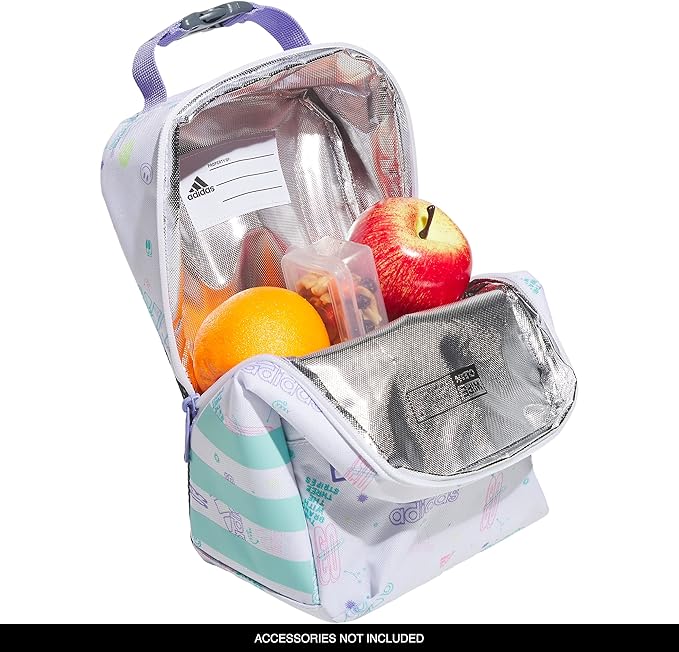 adidas Unisex Santiago Lunch Bag, Insulated School Food Container Box Discontinued, Icon Brand Love White/Flash Aqua Blue/Light Purple/2.0, One Size