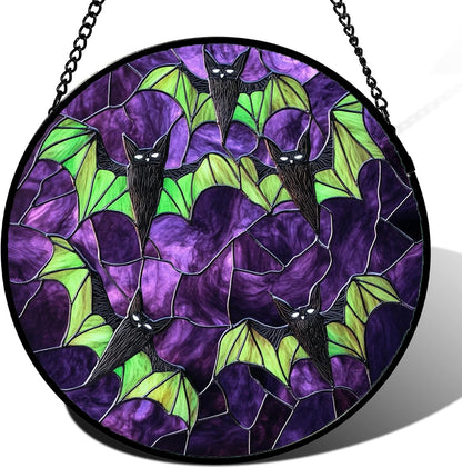 Stained Glass Window Hanging - Halloween Decorations Black Bat with Green Wings Suncatcher for Doors Garden Indoor Spooky Sun Catchers Gothic Decor Horror Gifts for Women Men Friend 15 in