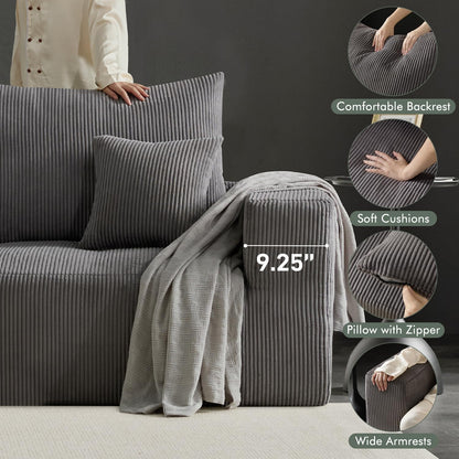Boneless Sectional Cloud Couch Sofa Bed for Living Room, 112" Modular Modern Lounge 3 Seater Sleeper Grey Couches with Chaise, No Assemble, Cordury Compression Upholstered Sofas