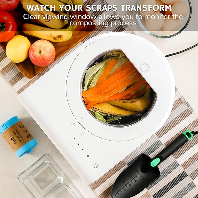 Airthereal Revive R500-V Electric Kitchen Composter with Visual Cover, Upgraded SHARKSDEN® Tri-Blade, Turn Food Waste and Scraps into Dry Natural Fertilizer for Plants, Pearl White