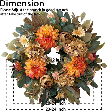 WANNA-CUL 24 Inch Spring Fall Wreaths for Front Door,Fall Wreath with Orange Hydrangea&Peony and Dahlia Flowers-Fall Decoration for Home-Large Fall Decor Door Wreath for Autumn,Harvest