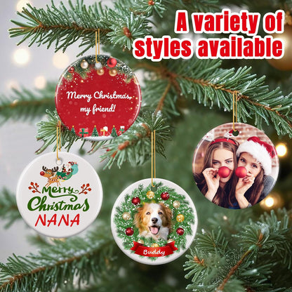 Personalized Christmas Ornaments 2025 - Custom Double-Sided Photo Ceramic Xmas Tree Hanging Decor, Unique for Family Friends (A02-Ceramic Style)