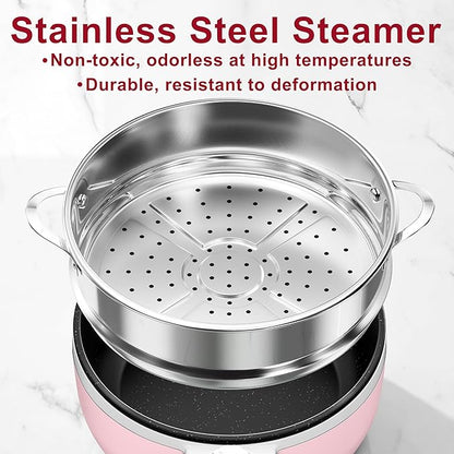 Dezin Hot Pot Electric with Steamer Upgraded, Non-Stick Sauté Pan, Rapid Noodles Electric Pot, 1.5L Mini Pot for Steak, Egg, Fried Rice, Ramen, Oatmeal, Soup with Power Adjustment
