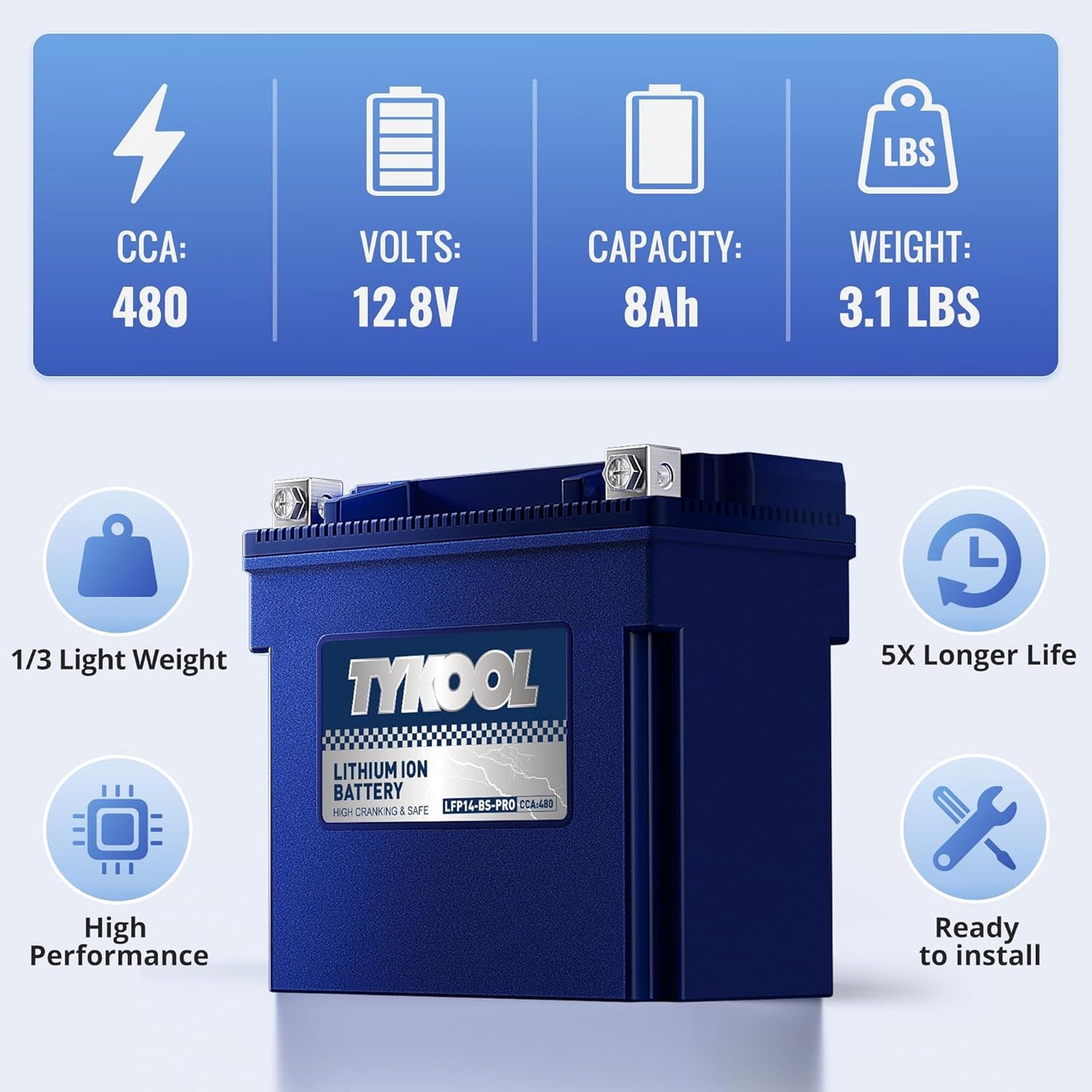 TYKOOL YTX14-BS/YTX14H/GYZ16H High Performance Lithium LiFePO4 Motorcycle Battery,480CCA,12V 8Ah,Fits for ATV,UTV,Jet Ski,Snowmobile,Quad,Tractor,Riding Lawn Mower,Polaris Battery