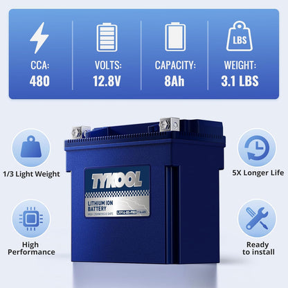 TYKOOL YTX14-BS/YTX14H/GYZ16H High Performance Lithium LiFePO4 Motorcycle Battery,480CCA,12V 8Ah,Fits for ATV,UTV,Jet Ski,Snowmobile,Quad,Tractor,Riding Lawn Mower,Polaris Battery