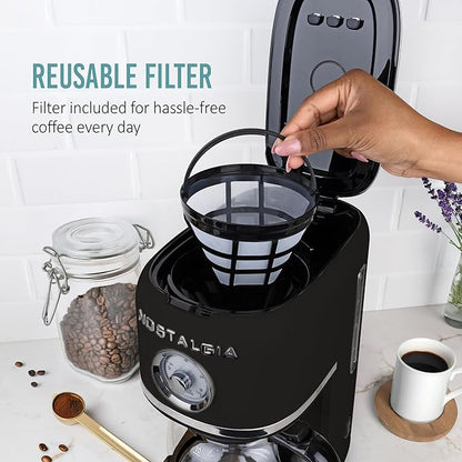 Nostalgia Classic Retro 10 Cup Coffee Maker - One-Touch Drip Brew, Reusable Filter - Anti-Drip, Auto Shutoff, & Time Display - Dishwasher Safe 50 oz Carafe - Black