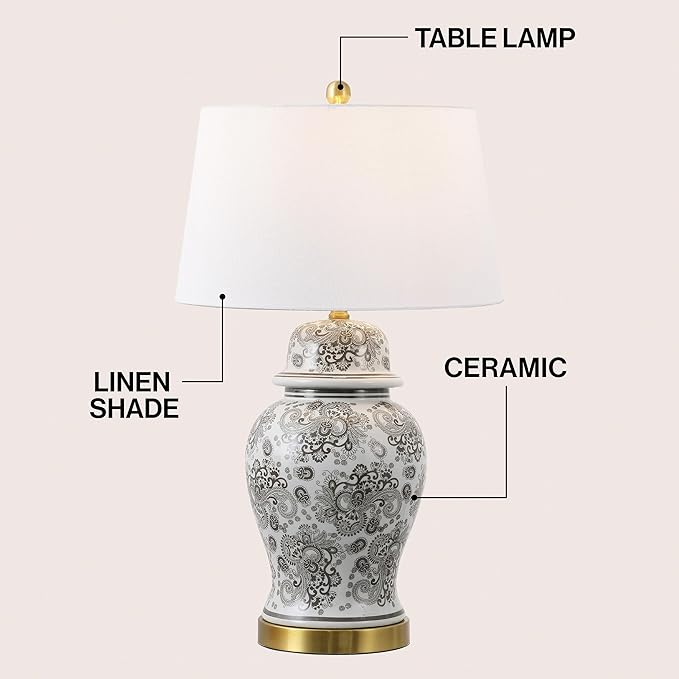 JONATHAN Y 29.5" Gray/White Ceramic Table Lamp for Living Room and Office, White Linen Drum Shade, Traditional Chinoiserie Ginger Jar Lamp, LED Bulb Included (JYL3008B)